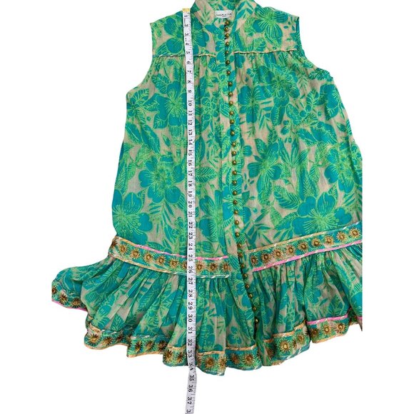 Miss June Floral Sleeveless Ruffle Dress Green Beige Gold-Button Womens One Size - Picture 5 of 7